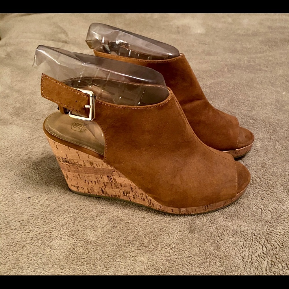 Tan Faux Suede Peep Toe Wedges